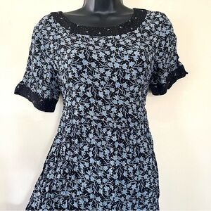 vtg Midi dress S babydoll ditsy floral blue cottage modest coastal